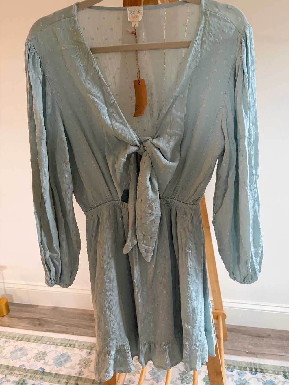 Surf Gypsy Light Blue Long Sleeve Tie-Front Mini Dress